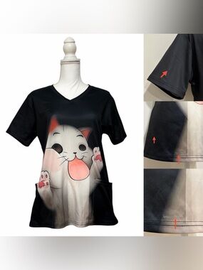 Black & White Cute Cat Sticking out Tongue Nursing Scrub Top Women’s Medium